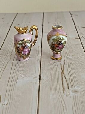Pink Miniatures Limoges Set Vase & Water Pitcher Romantic Courting Scene